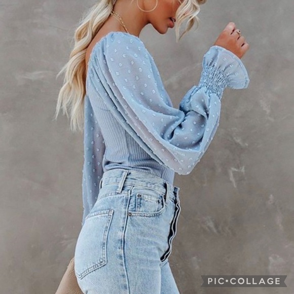 White Top/Bodysuit w/Sheer Popcorn Sleeves - Picture 3 of 4